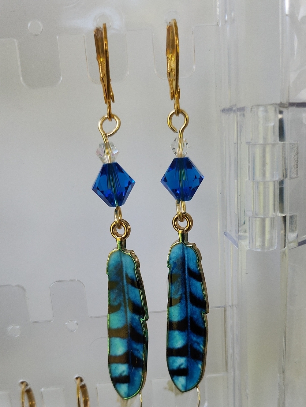 Gold-Tone Blue Feather Drop Earrings with Sapphire Crystal Beads!